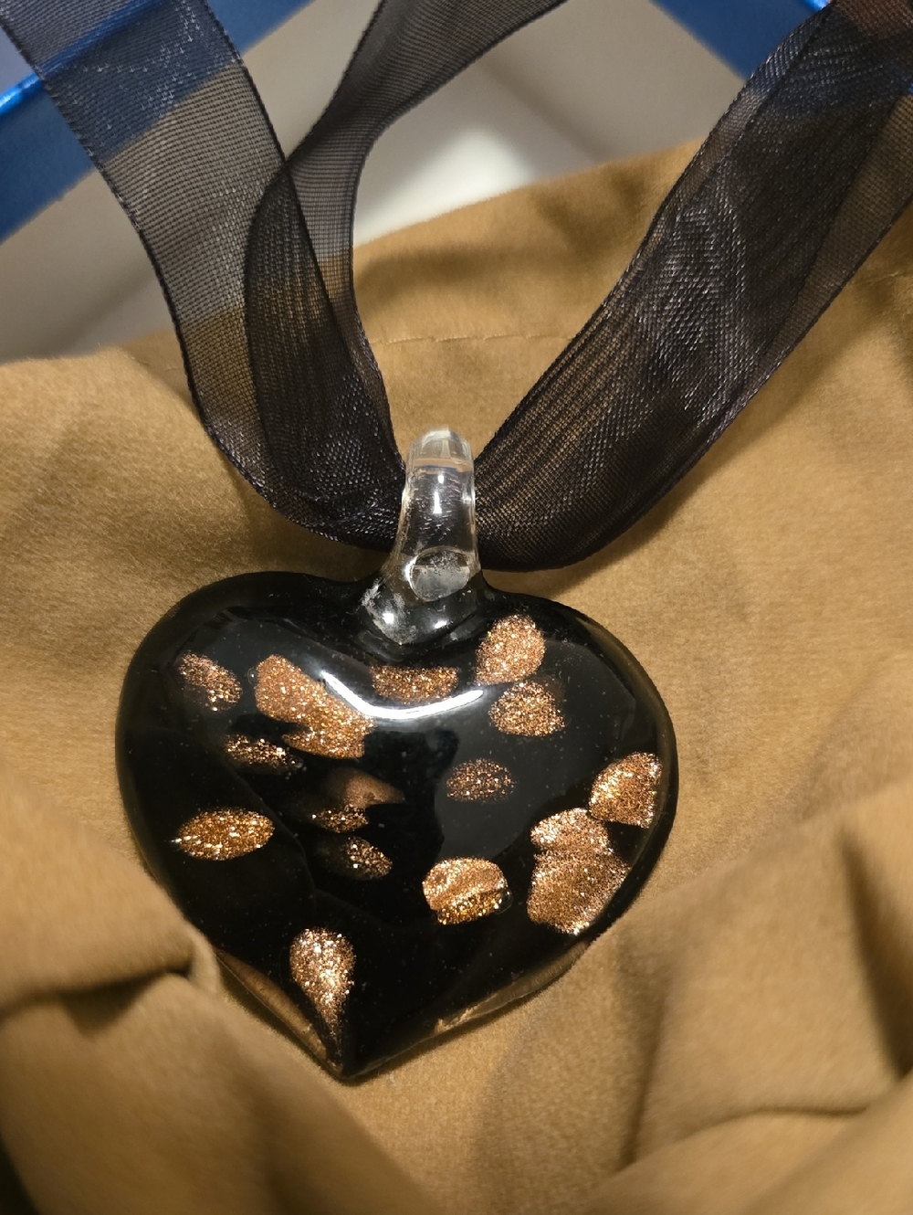 Art Glass Pendant On Ribbon: Dichroic Gold Heart Murano With Foil Swirl